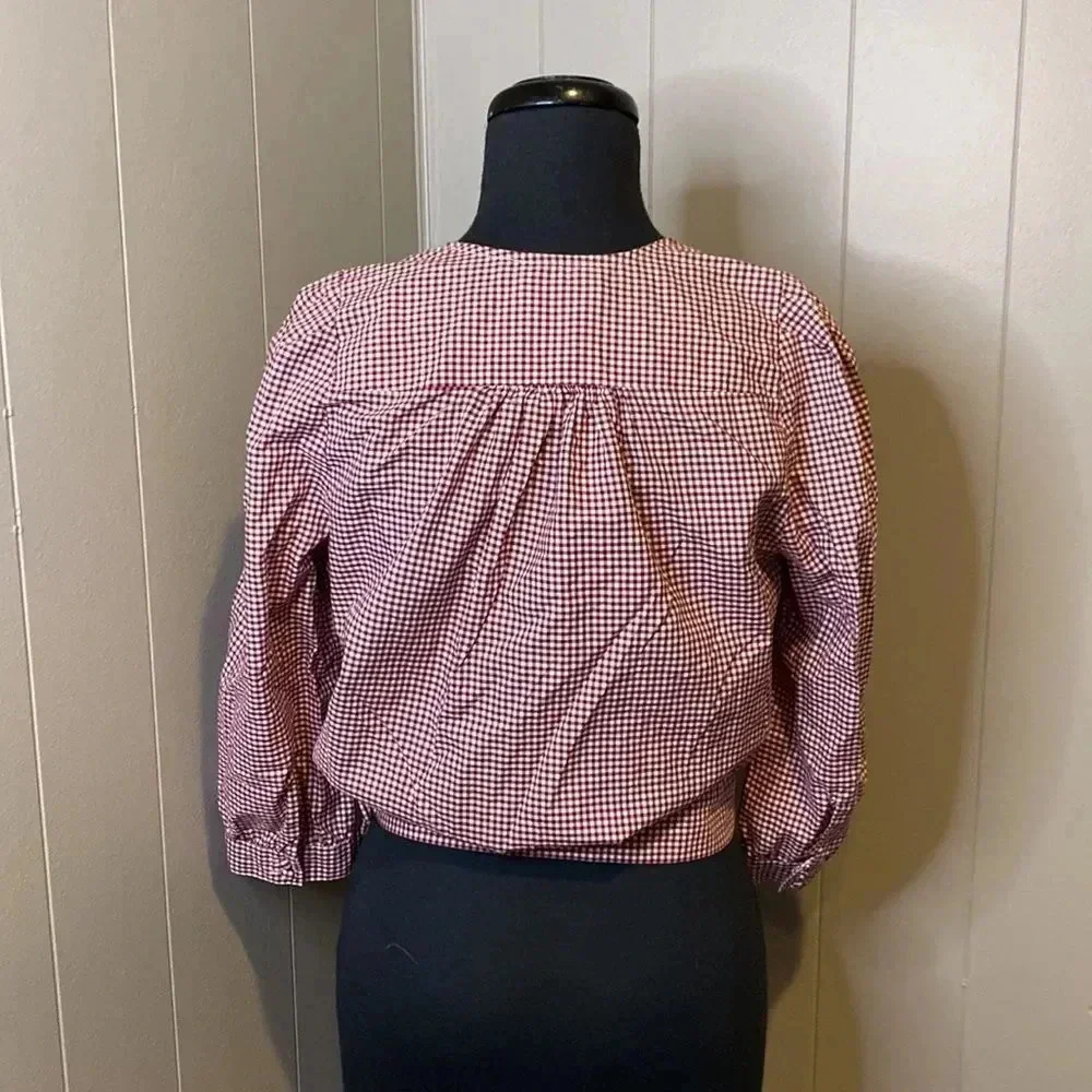 Madewell Small Red Gingham Check Wrap Top Tie Waist 3/4 Sleeves V-Neck - Picture 4 of 9